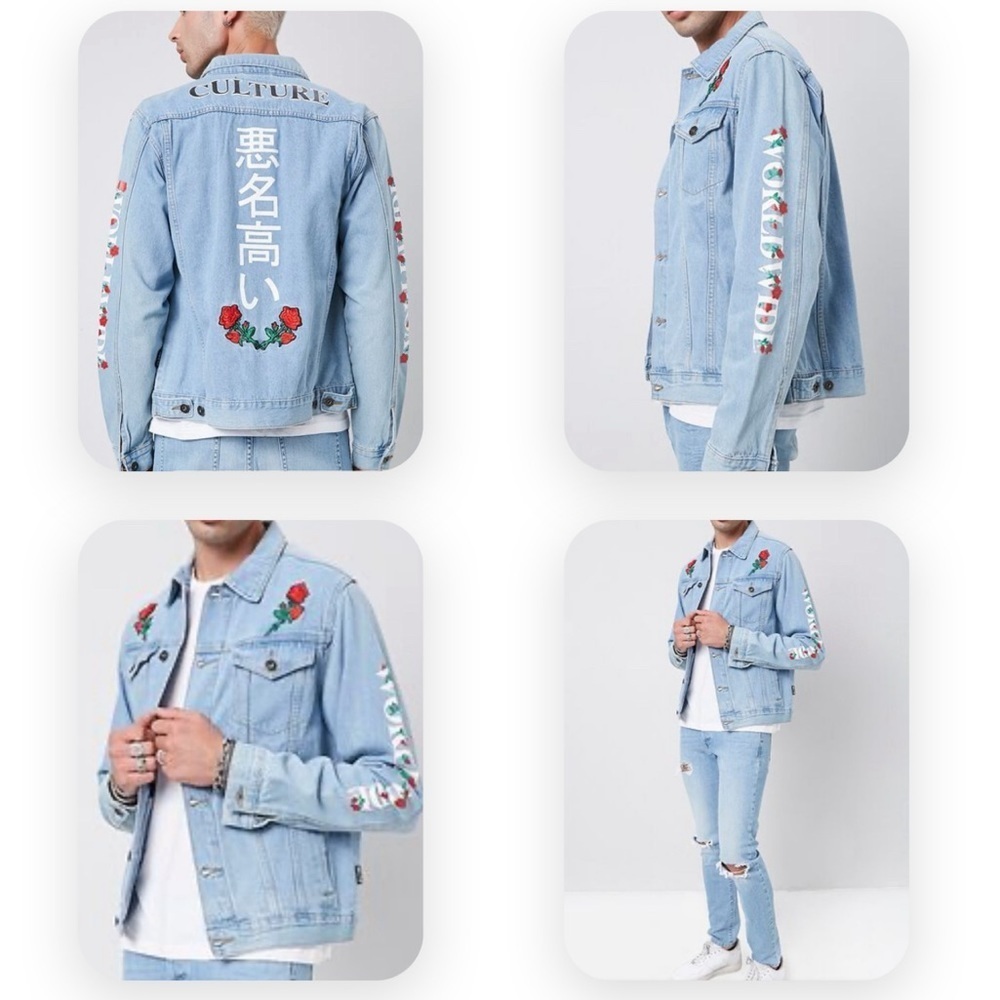 Brooklyn Cloth Denim Blue Rose Embroidered Jacket Size Large